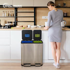 70 Liter / 18.5 Gallon Rectangular Hands-Free Dual Compartment Recycling Kitchen Step Trash Can with Soft-Close Single Lid, Stainless Steel (40L x 30L Capacity) Rose Gold Finish
