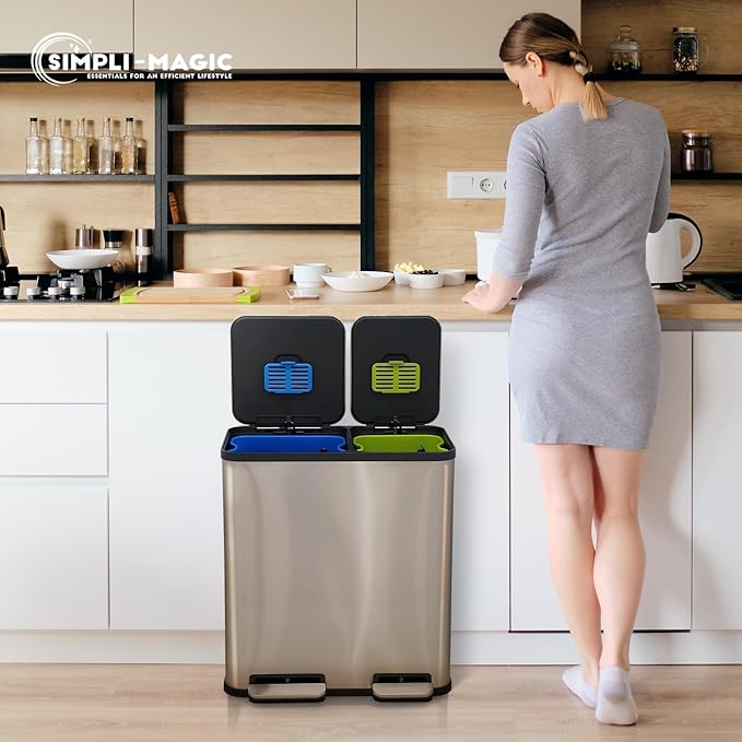 70 Liter / 18.5 Gallon Rectangular Hands-Free Dual Compartment Recycling Kitchen Step Trash Can with Soft-Close Single Lid, Stainless Steel (40L x 30L Capacity) Rose Gold Finish