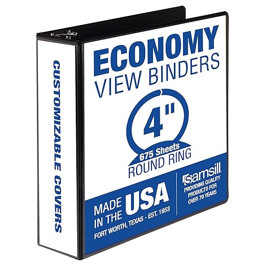 Samsill 4 Inch 3 Ring Binder, Made in USA, Economy Round Ring, Clear View Cover, 675 Sheet Capacity - for School, Home, Office - Black