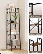 Hzuaneri Ladder Shelf, Bookshelf Bookcase, Freestanding Corner Storage Shelve with 2 Hooks for Home Office, Living Room, Kitchen, Bedroom, Industrial, 11.8"D x 13.4"W x 47.2"H, Rustic Brown BC13201B