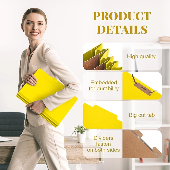 Skyygemm 12 Pcs Classification Folders Letter Size, 3 Divider Pressboard File Folder with Fasteners, Expanding File Organizer Bulk for School Teachers, Office Employee, Coworker, Staff (Yellow)