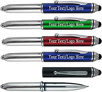 Promotional Pens with Personalized Text or Custom Business Logo- Bulk 150 Pack- for Marketing, Parties, and Events, 3 in 1 LED Flashlight + Ballpoint Pen + Stylus for Touchscreen Devices, Assorted