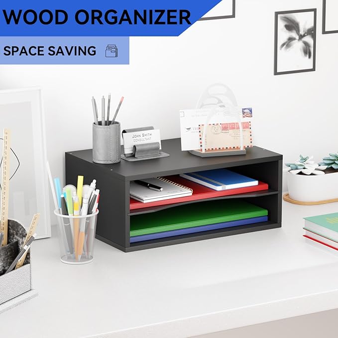 GDINDINFAN Wood Desktop Letter Tray File Organizer, Paper Storage Mail Sorter with Adjustable Drawer Boards for Home and Office, Black
