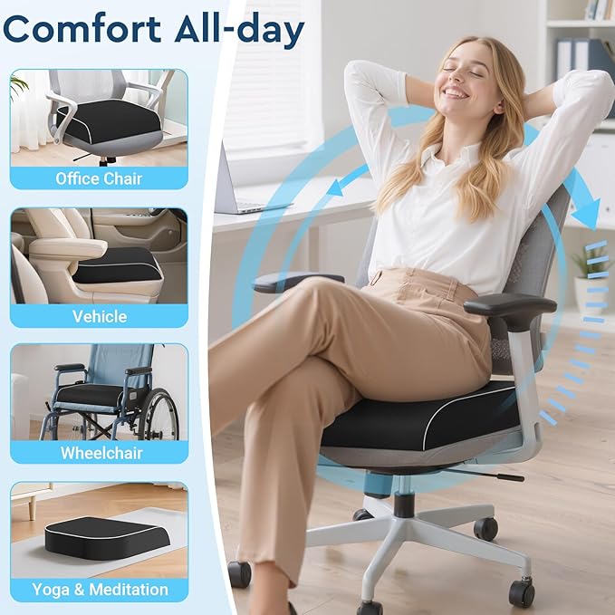 SofterCharm Seat Cushion, Memory Foam Office Chair Cushions for Long Sitting Hours, Chair Pad for Sciatica, Coccyx, Tailbone, Hip Pain & Pressure Relief, Office, Home,Car Seats,Airplane, Black/X-Large