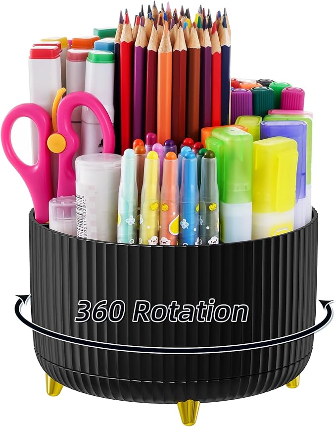 Marbrasse Desk Organizer, 360-Degree Rotating Pen Holder, Desk Organizers and Accessories with 5 Compartments Pencil Holder, Art Supply Storage Box Caddy for Office, Home (Black)