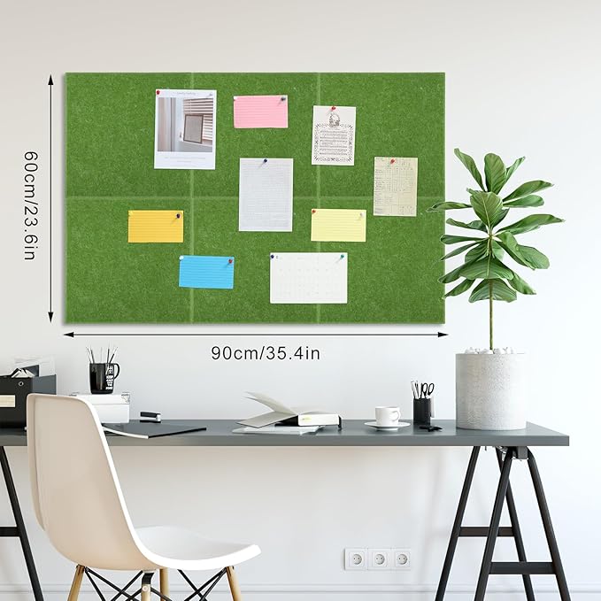 Large Cork Board 36" x 24", 6 Pack Felt Wall Tiles with Colored Pushpins, Bulletin Board with Removable Self-Adhesive Strips, Pin Board Cork Boards for Walls Office Home-Forest Green