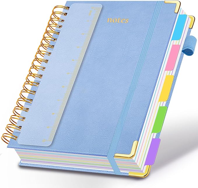 Hardcover Spiral Notebook 8.5"x11" Journal Notebook with Tabs and Removable Dividers 300 Pages 5 Subject Notebook College Ruled, Faux Leather Spiral Bound Notebook for Women School Work (Lake Blue)