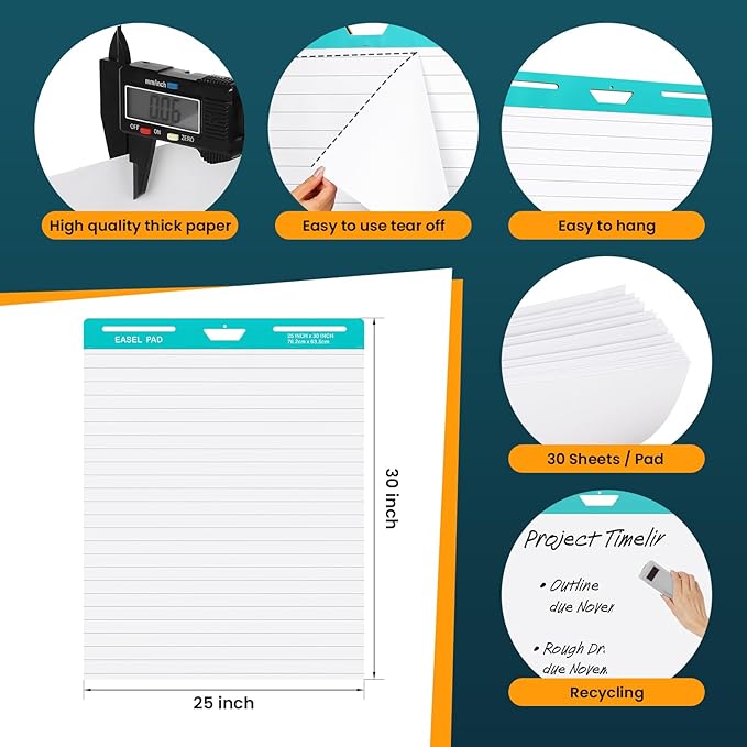 OLenyer Super Sticky Easel Pad, 25x 30IN, Large Self Stick Flip Chart Paper for Office School Classroom Supplies, 30 Sheets/Pad, 6 Pads/Pack, White, Lined