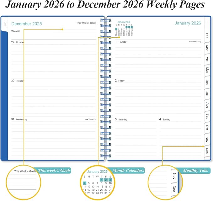 2026 Planner - Planner 2026 from January 2026 - December 2026, Weekly & Monthly Planner Spiral Bound with 12 Monthly Tabs, Inner Pocket, 6.4" x 8.5", Blue