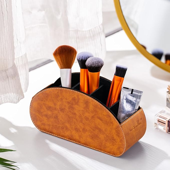 Remote Control Holders Organizer Box with 5 Compartment PU Leather Multi-functional Office Desk Storage Caddy Store Tv Remote for Media Player,Brush,Pencil,Glassees&Office Supplies (Two tone brown)