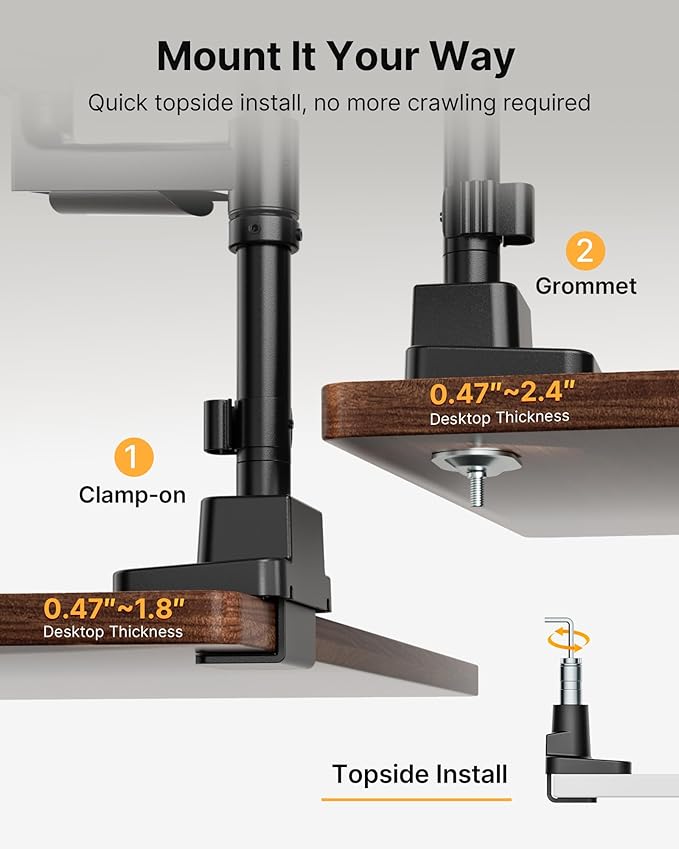 monTEK Sleek Aluminum Monitor Arm for 17–57” Ultrawide Screens up to 59.4 lbs, USB 3.0 A/C, Heavy Duty Dual Monitor Arm Desk Mount, Pneumatic Lift, Quick-Release Plate, Clamp/Grommet, Max VESA 100x100