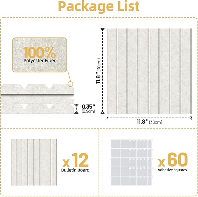 Large Cork Board for Wall 36" x 48" Ivory Bulletin Board with Safe Removable Adhesive Squares for Pictures Photos, Alternative CorkBoard Felt Pin Boards Tiles for Office Classroom Wall Decor - 12 Pack