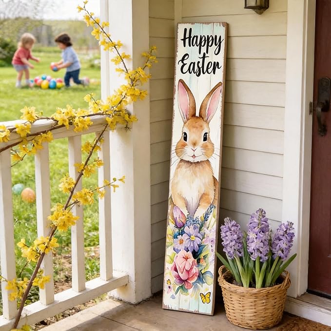 Happy Easter Bunny Welcome Sign for Front Door, 47 Inch Wood Framed Porch Sign Spring Easter Rabbit Flower Decorations with Hanging Rope, Farmhouse Rabbit Yard Signs Home Decor for Outdoor Patio