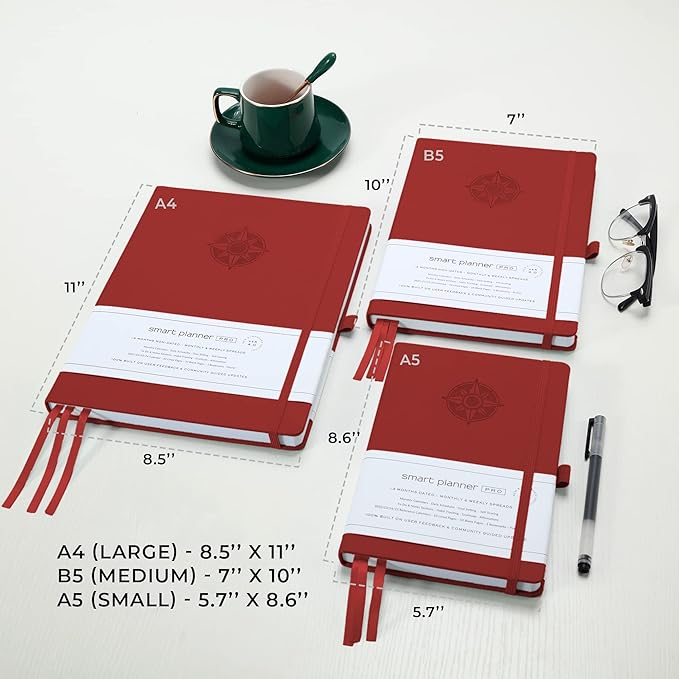 Smart Planner Pro – Undated Daily Planner – Medium B5 – Achieve Goals & Increase Productivity with Weekly, Monthly, Work Sections - Organizer Planner with Back Pocket, 3 Satin Bookmarks & Pen Holder