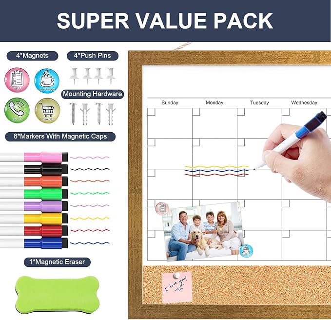 Calendar Whiteboard for Wall, 17x13 Inches White Board Calendar Dry Erase, Small Magnetic Monthly White Board with Gold Wood Frame, Hanging Dry Erase Board for Kitchen Home Office School Planner