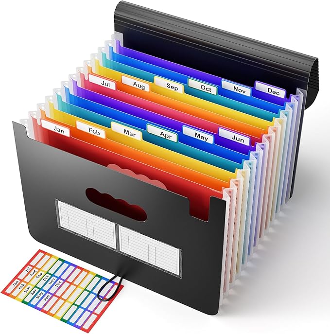 ABC life 12-Pocket Accordion File Organizer, Expandable File Folder with Colorful A-Z Tabs, Portable Bill & Receipt Organizer, Desktop Letter/A4 Document Storage for Home & Office-Black