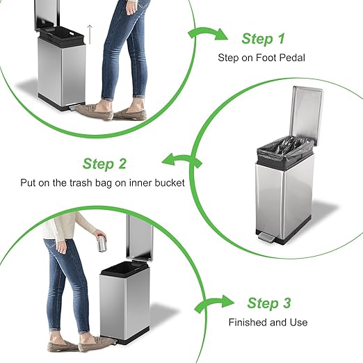 SIMPLYKLEEN Trash Can with Lid - 45 Liter/12 Gallon Slim Stainless Steel Trash Can Odor Protection Kitchen Garbage Cans with Soft-Close Foot Pedal Anti-Fingerprint for Bathroom Home Office Rectangle