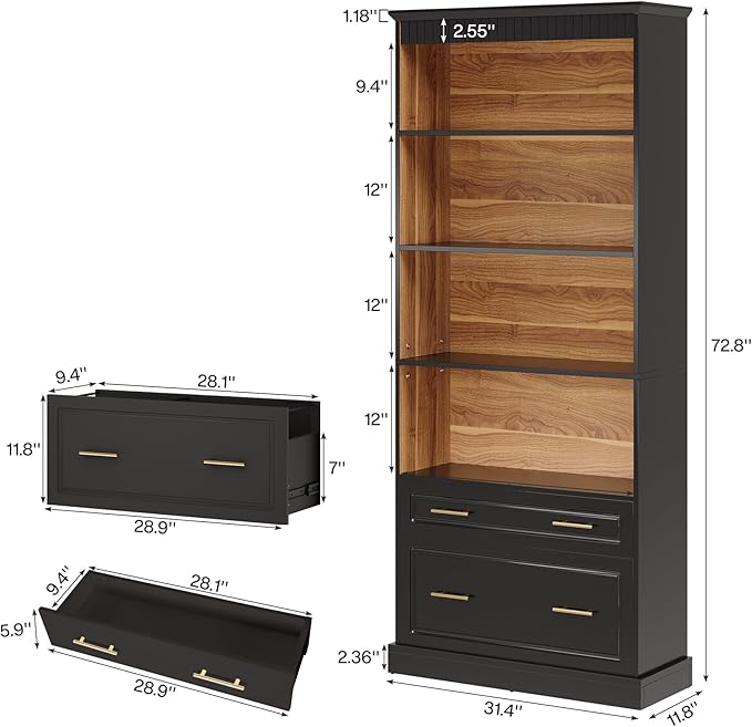 Tribesigns Way to Origin 2-Drawer Vertical File Cabinet for Letter Size, Moder Filing Cabinet with 5-Tier Bookshelf, Large Printer Stand with Open Storage Shelves for Home Office (Black)