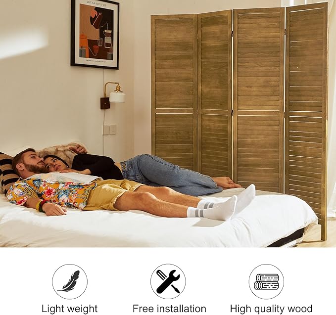 Room Partitions and Dividers, Temporary Wall with Double Hinges, 5.6 Ft Tall Folding Louver Wood Screen for Home Office Bedroom Hotel Decoration (4 Panels, Brown)
