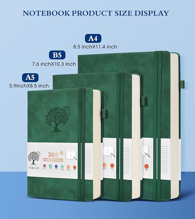PERCUN B5 Lined Journal Notebook - 365 Page Large Leather Journals for Writing Women Men，Hardcover Notebook with 100Gsm Thick Pages，Daily Diary for Travel, Work，School，College Ruled (7.6" x 10.3")
