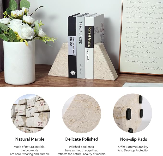 Karibiber Marble Bookends for Heavy Books, Decorative Book Ends for Shelves, Beige Stone Durable and Heavy-Duty Book Ends for Hardback Books & CDS, Unique Book Stopper & Holder, Set of 2