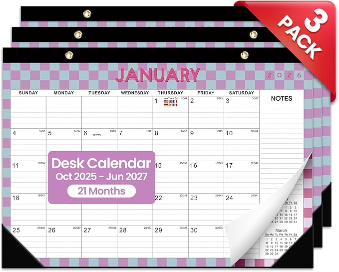 3 Pack of Desk Calendar 2026, 21 Months Calendar Runs from October 2025 to June 2027 - Large 17" x 12" Desktop/Wall Monthly Planner for Home School, or Office - Checkered