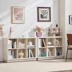 Joaxswe 6 Cube Bookcase, 40" Wide Low Horizontal Book Shelf Curved Edge, Wood Floor Standing 2-Tier Bookshelf with Base, Modern Short Storage Cabinet Book Case for Bedroom,Office, Grey-White Cream Oak