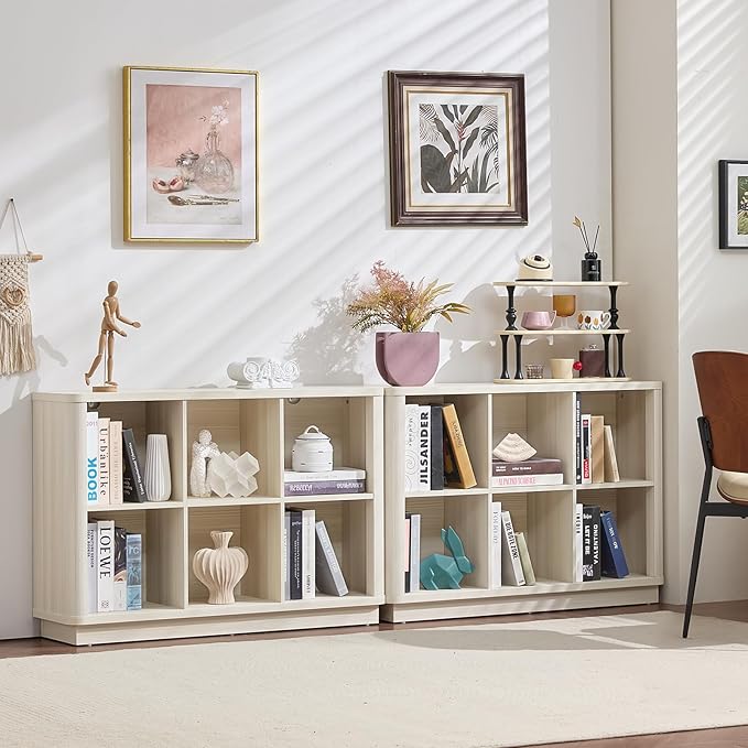 Joaxswe 6 Cube Bookcase, 40" Wide Low Horizontal Book Shelf Curved Edge, Wood Floor Standing 2-Tier Bookshelf with Base, Modern Short Storage Cabinet Book Case for Bedroom,Office, Grey-White Cream Oak