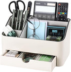KINGFOM PU Leather Desk Organizer with Drawer, 5 Compartments Desktop Storage Caddy for Office Home Supplies, Pen Holder for Remote Control, Phone & Accessories, Mail Organizer Countertop Ivory White