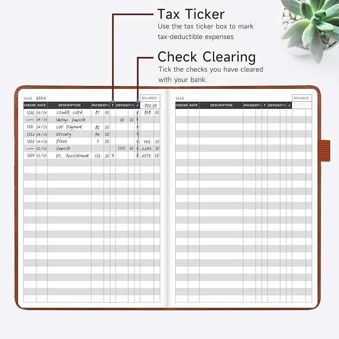KUMEER Check Register – Elegant Check Registers for Personal Checkbook with Check & Transaction Registers, Hardcover Checkbook Log 5.2x7.6" (Brown)