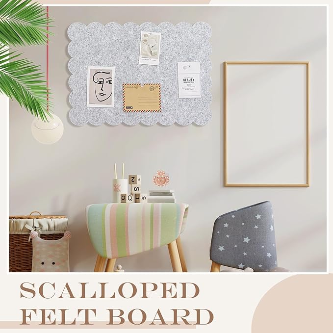 Mooliwe Scalloped Felt Bulletin Board 24 x 18 Inches Foldable Light Gray Pin Cork Board Alternative for Wall, 2' x 1.5' Trifold Picture Vision Self Adhesive Bulletin Decorative