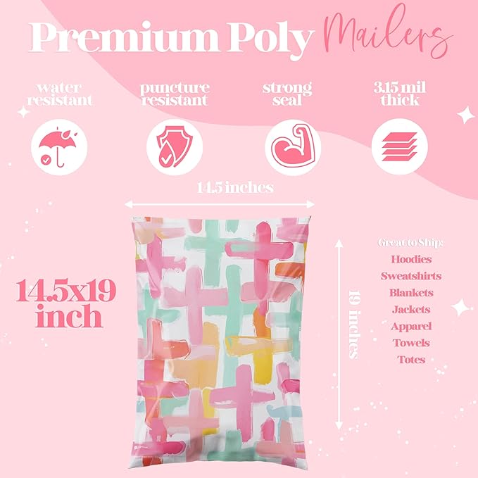 Pretty Package Store 14.5x19 Designer Poly Mailer 100 Pack Heavy Duty Waterproof Self Seal Shipping Bags for Small Business Large Mailing Envelopes Bulk Tear Resistant Packaging Pastel Crosses Faith