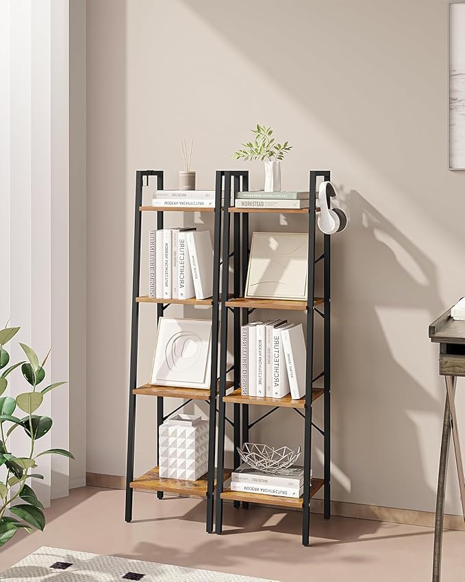 Hzuaneri Ladder Shelf, Bookshelf Bookcase, Freestanding Corner Storage Shelve with 2 Hooks for Home Office, Living Room, Kitchen, Bedroom, Industrial, 11.8"D x 13.4"W x 47.2"H, Rustic Brown BC13201B