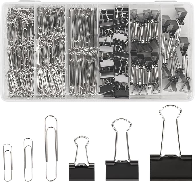 500PCS Paper Clips and Binder Clips Assorted Sizes,Silver Paper Clips & Black Binder Clips for Home, School, Office Supplies