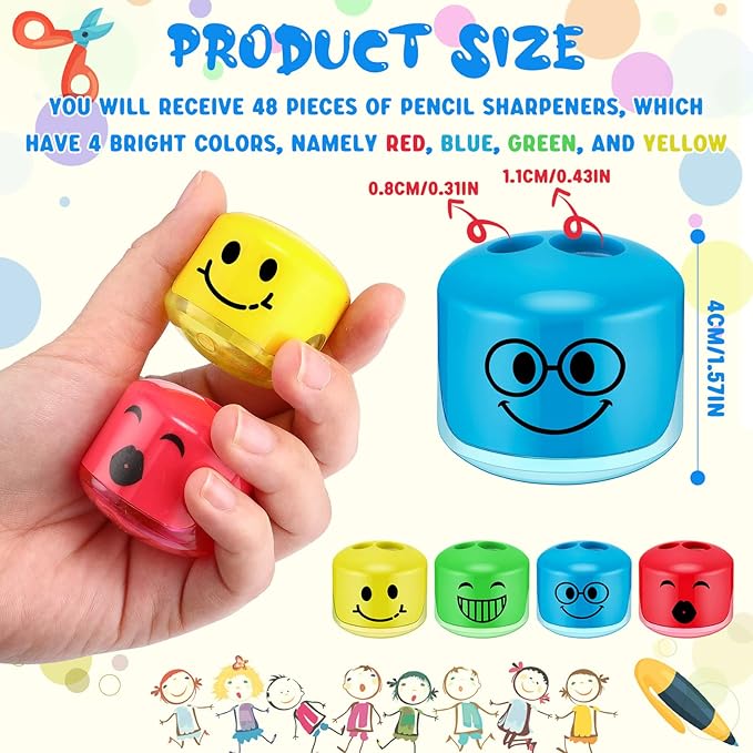Crtiin 48 Pcs Back to School Pencil Sharpeners for Kids Cartoon Smile Small Pencil Sharpener Handheld Manual Dual Holes Gifts for School Office Art Room