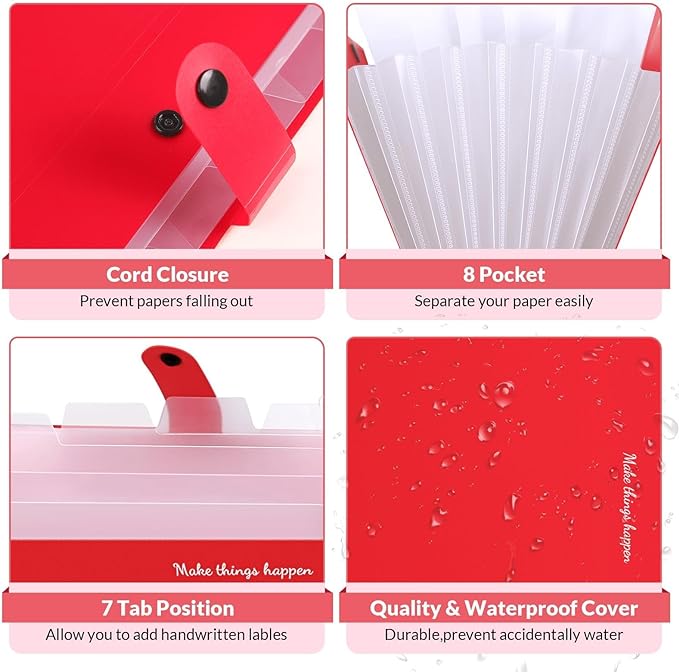 SKYDUE 8 Pockets Expanding File Organizer, Expandable File Folders with Pockets, Portable Document Paper Organizer, A4 Letter Size Filing Folder, Snap Closure, Red