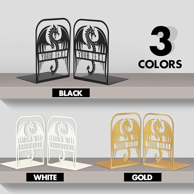 Personalized Name Bookends for Shelves, Unique Dragon Metal Book Ends Decorative, Non-Slip Book Stopper, Metal Fantasy Bookshelf Decor for Home Office Study Room, Customized Gifts Color05