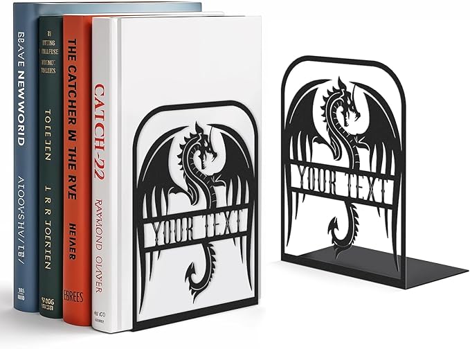 Personalized Name Bookends for Shelves, Unique Dragon Metal Book Ends Decorative, Non-Slip Book Stopper, Metal Fantasy Bookshelf Decor for Home Office Study Room, Customized Gifts Color05