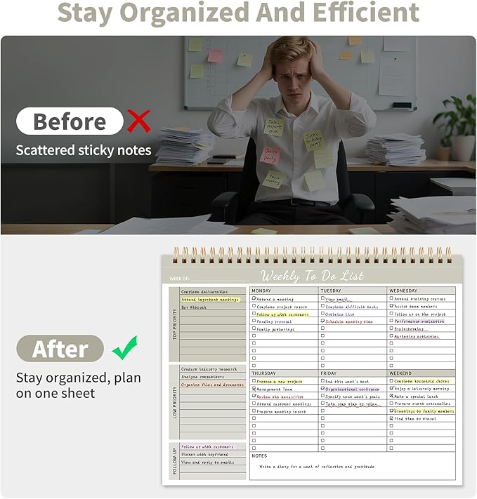 104 Pgs Weekly To Do List Notepad, 52 Duplex-Printed Undated Sheets 100 GSM（8.5"×11") Weekly Desk Planner For Work Home School Office Desk Accessories Supplies & Goal Setting Tasks - Beige