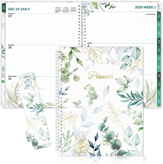 SUNEE 2026 Weekly and Monthly Planner - from January 2026 - December 2026, Daily Agenda Planner with Monthly Tab, Flexible Cover, Note Pages, Pockets, Bookmark, Spiral Binding, Eucalyptus, 8.5"x11"