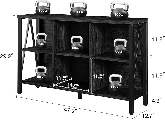 HOMISSUE Cube Storage Organizer Shelf, Rustic Short Wide Bookshelf with 6 Cubes, Industrial Low Cubby Bookcase with 3-Tier Shelves, Horizontal Book Case for Living Room, Office, Black