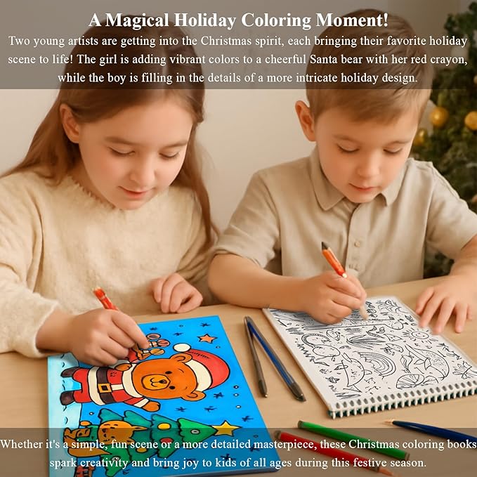 Fuxi Christmas Coloring Books for Kids Ages 8-12, 60 Sheets (73lb/120gsm) Blank Sketchbook + 50 Designs Blank Coloring Book, Coloring Supplies & Art Supplies for Kids.