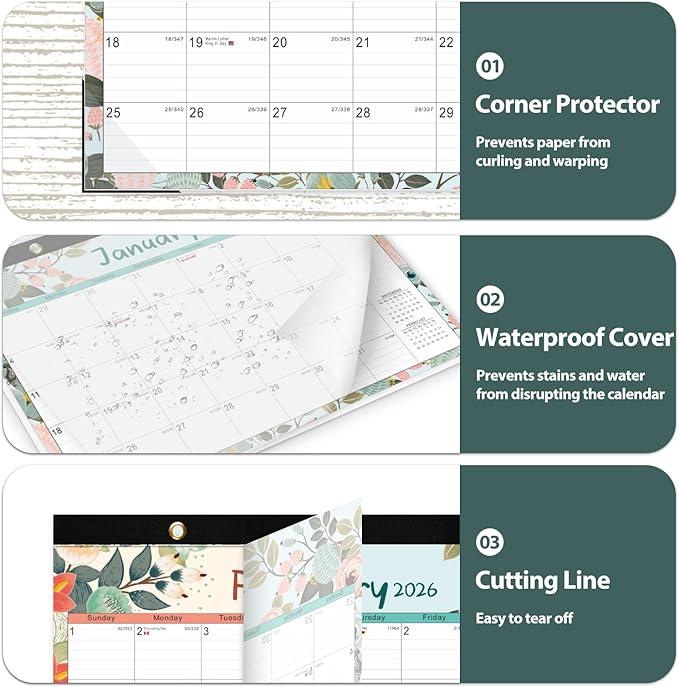 Desk Calendar 2026, Monthly Desktop Large Calendar (Jan 2026 - Jun 2027) 17" x 12" Desk Wall Planner for Family Teacher School Office Supplies, Flower