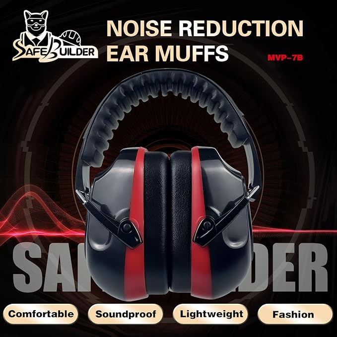 SAFEBUILDER Ear Muffs Noise Reduction SNR 33dB Adjustable Lightweight Safety Earmuffs Sound Proof Noise Cancelling ANSI