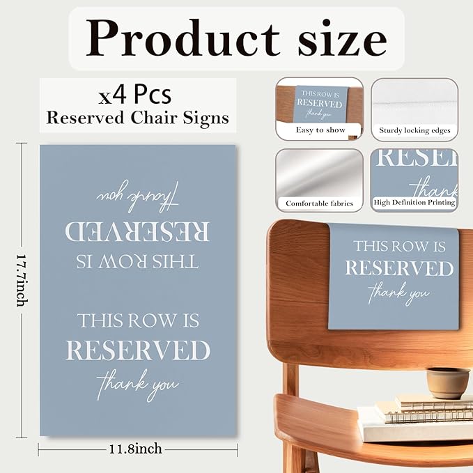 ChissNook Reserved Seating Chair Signs, This Row Is Reserved Pew Cloths Seating Placeholder for Church Pews, Dusty Blue Wedding Decorations for Reception Parties Event (Dusty Blue, 4 PCS)