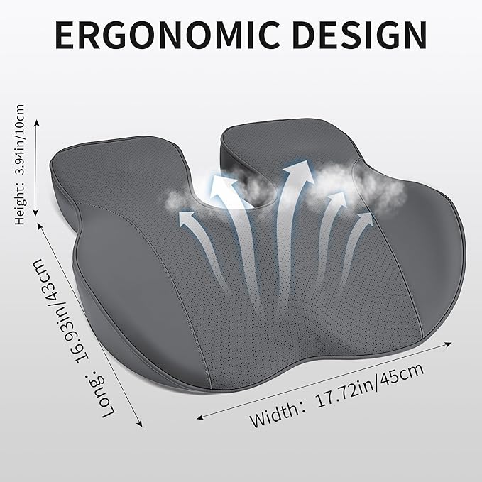 EARJIA Memory Foam Seat Cushion for Office Chair Seat Cushions for Long Sitting Tailbone Pain Relief Anti-Slip Bottom & Removable Leather Cover for Car Gaming Work