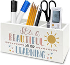 QZQE Boho Classroom Pen Pencil Holder Organizer for Desk, It's a Beautiful Day for Learning Wooden Box Signs Decorations for Home Office Desk Tabletop, Boho Classroom Decor