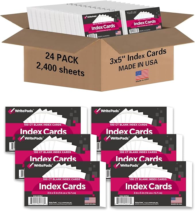 KAISA Blank Index Card 3"x5" Index Cards Flashcards, 2400 Count Bulk Index Cards, White 24 pack of 100 Shrink,Heavy Weight Paper Made in the USA(KSU-03782)