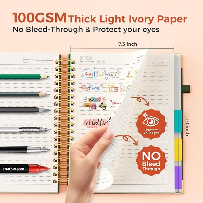 XYark Line Hardcover Spiral Notebook with Removable Dividers Tabs & Ruler, 5 Subject Notebook College Ruled, 300 Page, Large 8"x10" B5 Notebooks for Work School, Lined Journal for Women & Men, Green