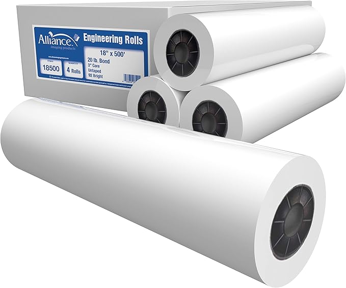 Alliance Wide Format Paper Rolls, 20lb with 3" Core (18 In x 500 Ft | 3" Core, 20lb | 4 Rolls)